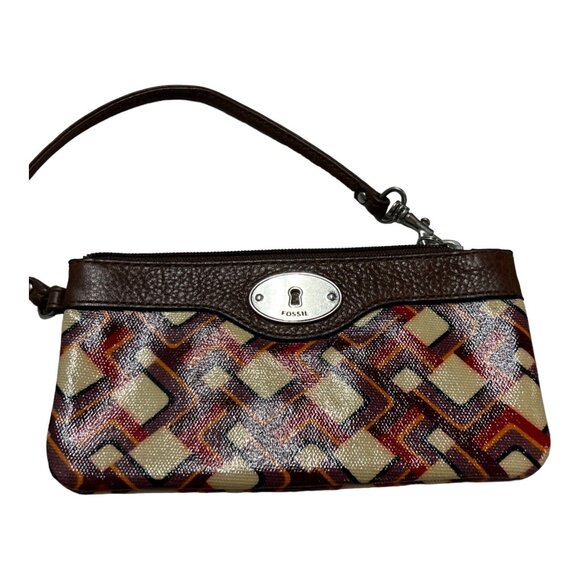 Fossil Wristlet Wallet Key Per Floral Coated Canvas Retro Geometric Print - Picture 2 of 8